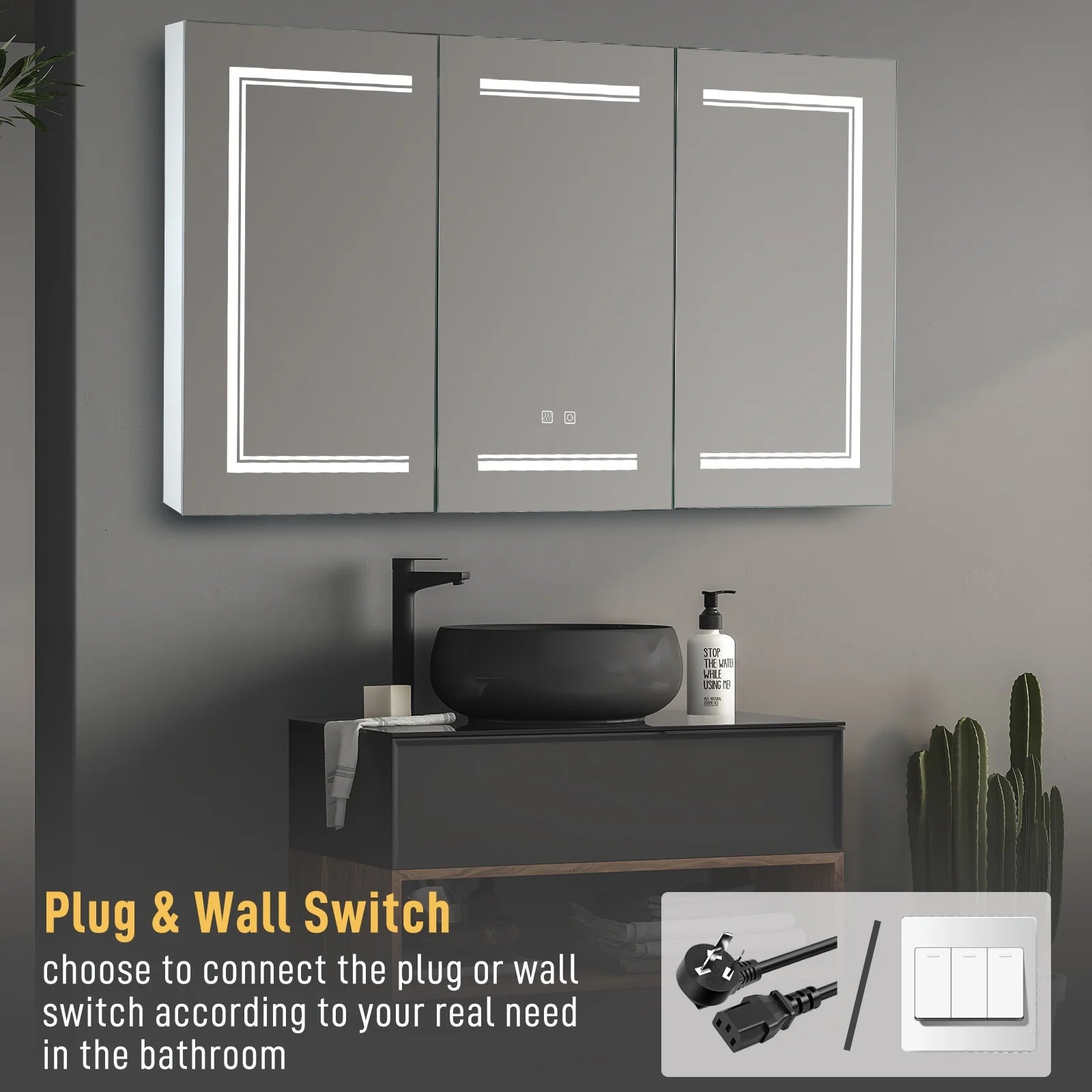 Ktaxon 48"x28" LED Bathroom Mirror Cabinet with Lights, Wall-Mounted Medicine w/Defogger, Dimmable, Memory function, Outlets & USB, White