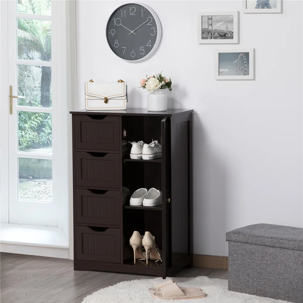 Alden Design Wooden Bathroom Storage Cabinet with 4 Drawers & Cupboard, Espresso