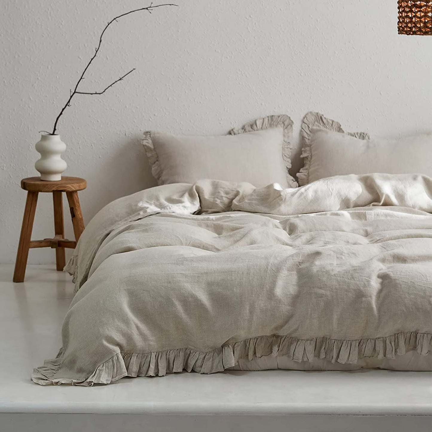 Simple& Opulence 100% Washed Linen Duvet Cover Set-3 Pieces Shabby Chic Premium Ruffled Bedding with 1 Comforter Cover and 2 Pillowshams France Flax High End Frill Sets Vintage Style(King, White)