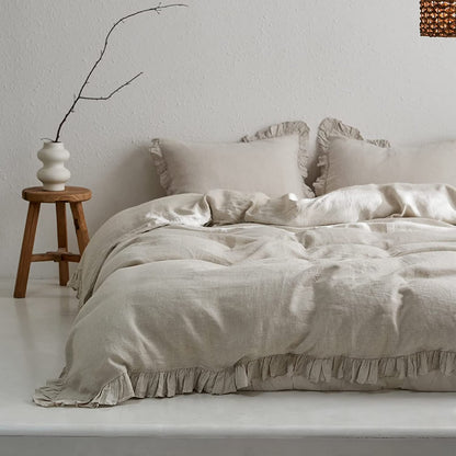 Simple& Opulence 100% Washed Linen Duvet Cover Set-3 Pieces Shabby Chic Premium Ruffled Bedding with 1 Comforter Cover and 2 Pillowshams France Flax High End Frill Sets Vintage Style(King, White)
