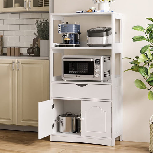 Sideboard Storage Cabinet with Drawer& Shelves, Kitchen Pantry Storage Cabinet with Microwave Space& Cupboard, Modern Freestanding Floor Bathroom Cabinet/Bookshelf for Home Office, White