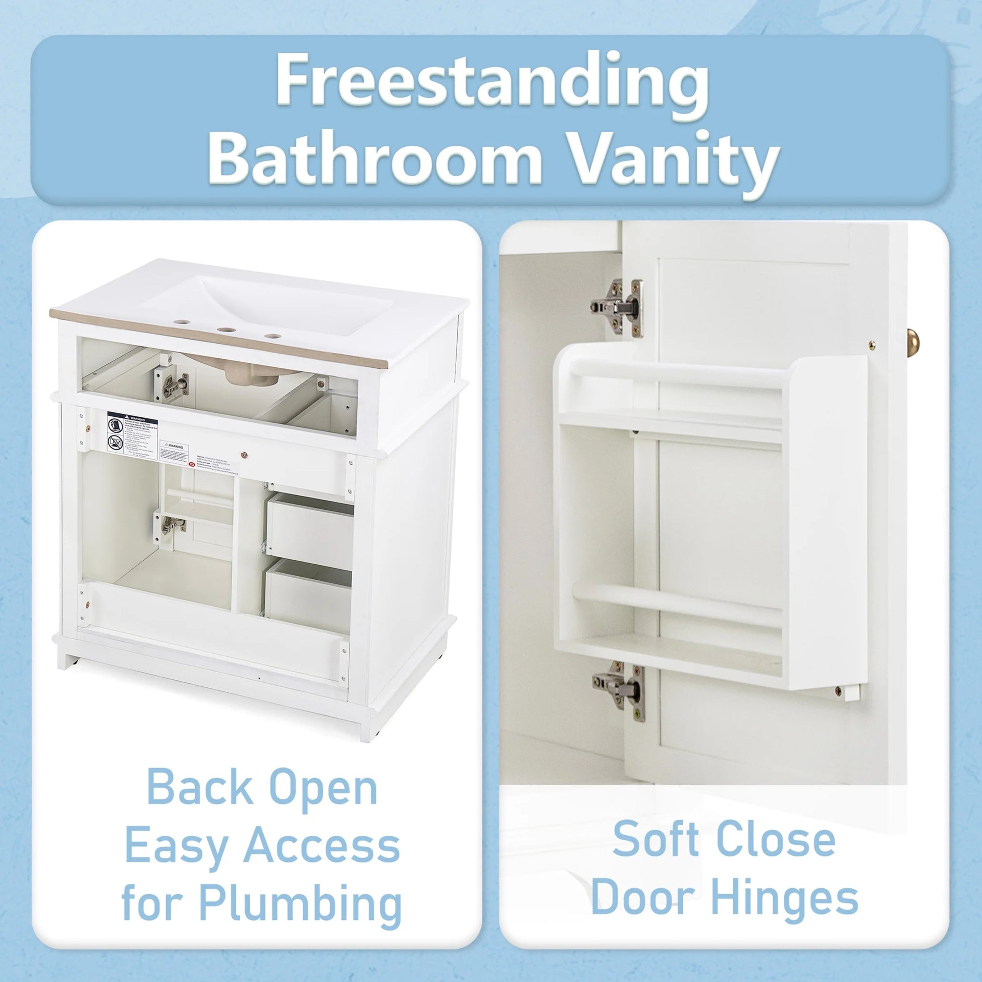 GDF Studio 30" Modern Bathroom Vanity with Sink Combo Set, 3 Drawers and A Tip-out Drawer, Door Shelf, White
