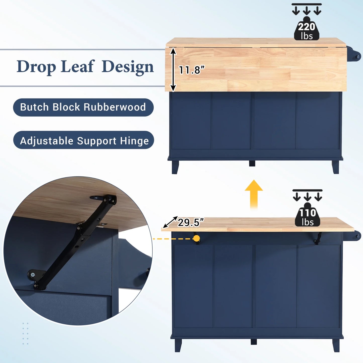 3 Pieces Farmhouse Style Kitchen Island Set with 2 Dining Stools, Kitchen Island with Adjustable Shelf, 4 Drawers, 2-Door Cabinet, Towel Rack & Rubber Wood Tabletop, Blue