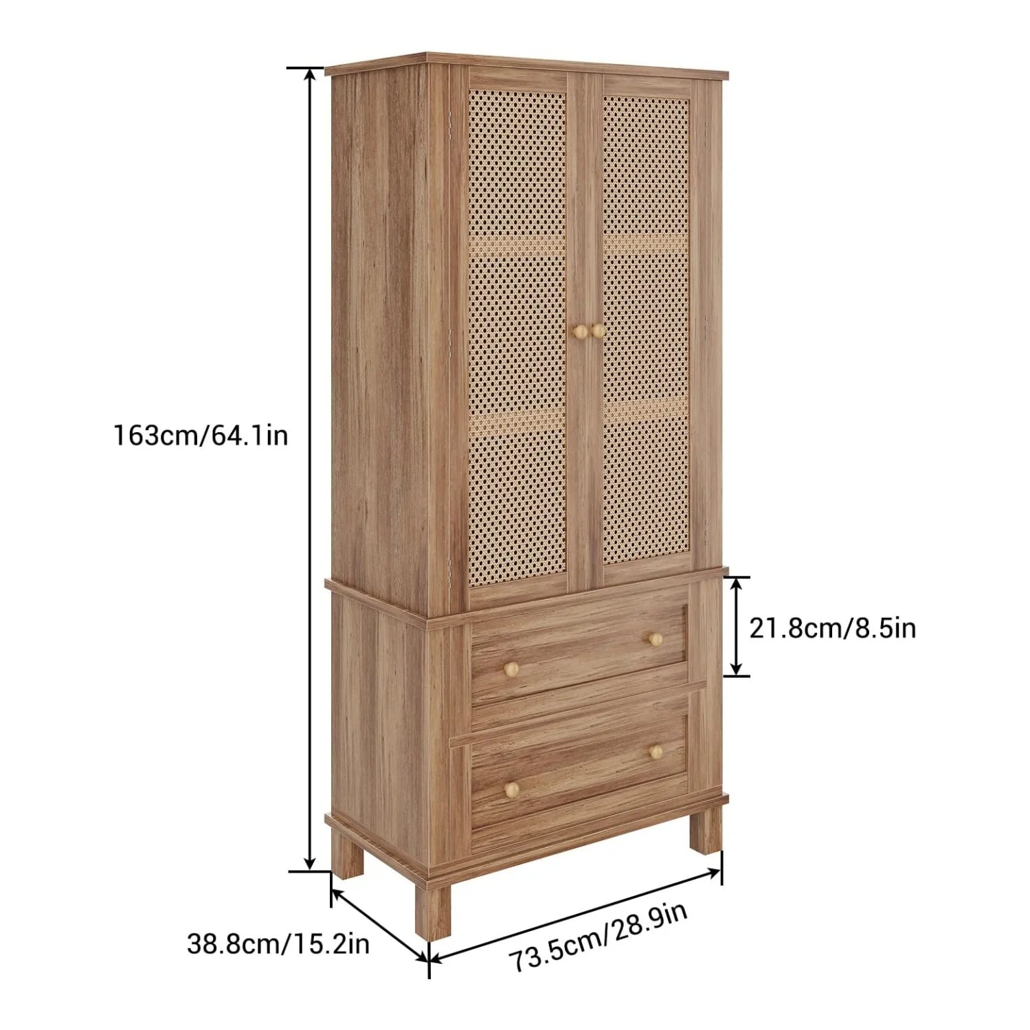 Kitchen Pantry Storage Cabinet with 2 Rattan Doors and 2 Adjustable Shelves, 64" Tall Farmhouse Food Pantries Cabinet for Living Room, Dining Room, Bathroom