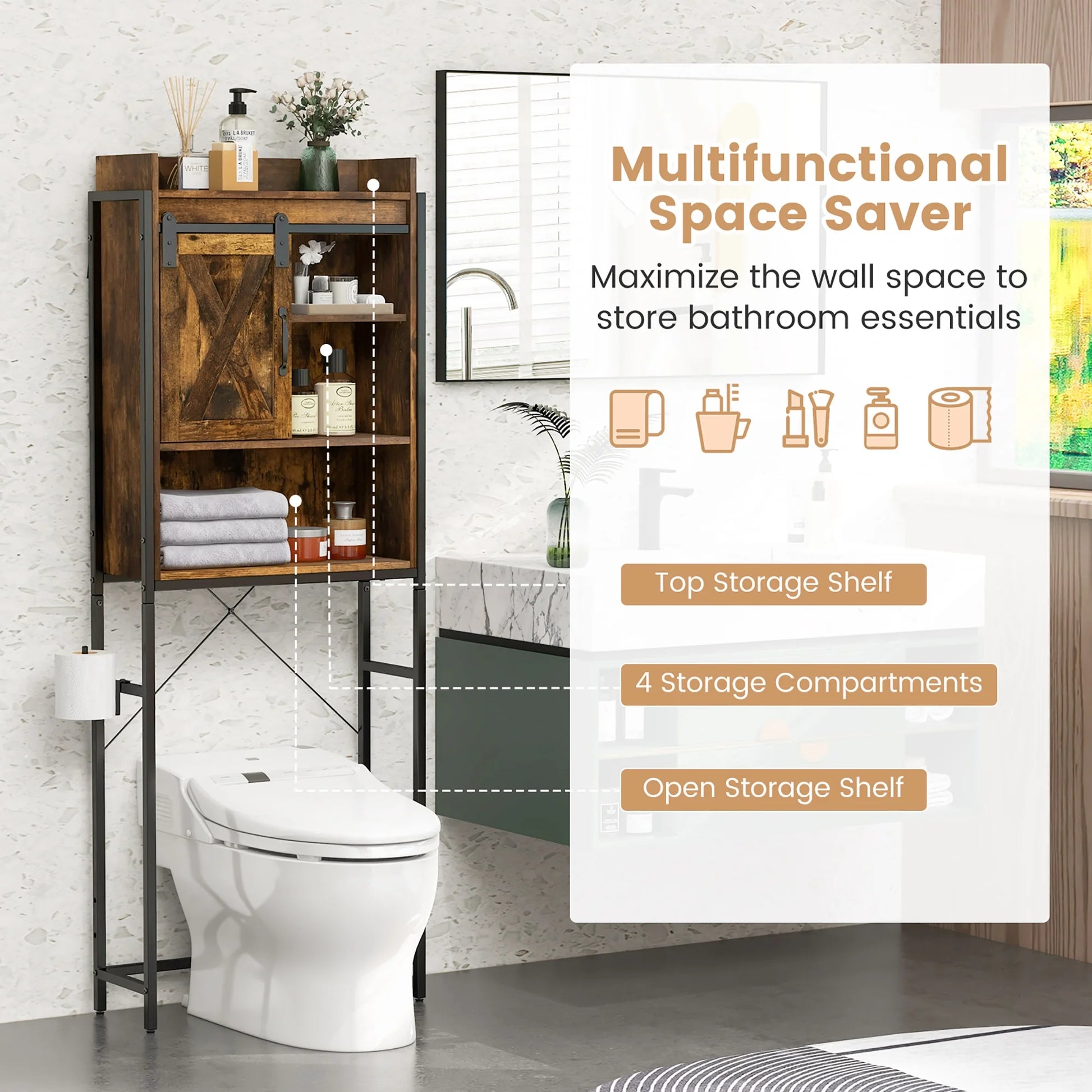 Gymax Over-The-Toilet Storage Cabinet Freestanding 4-Tier Bathroom Organizer Rack w/Adjustable Shelf Rustic Brown