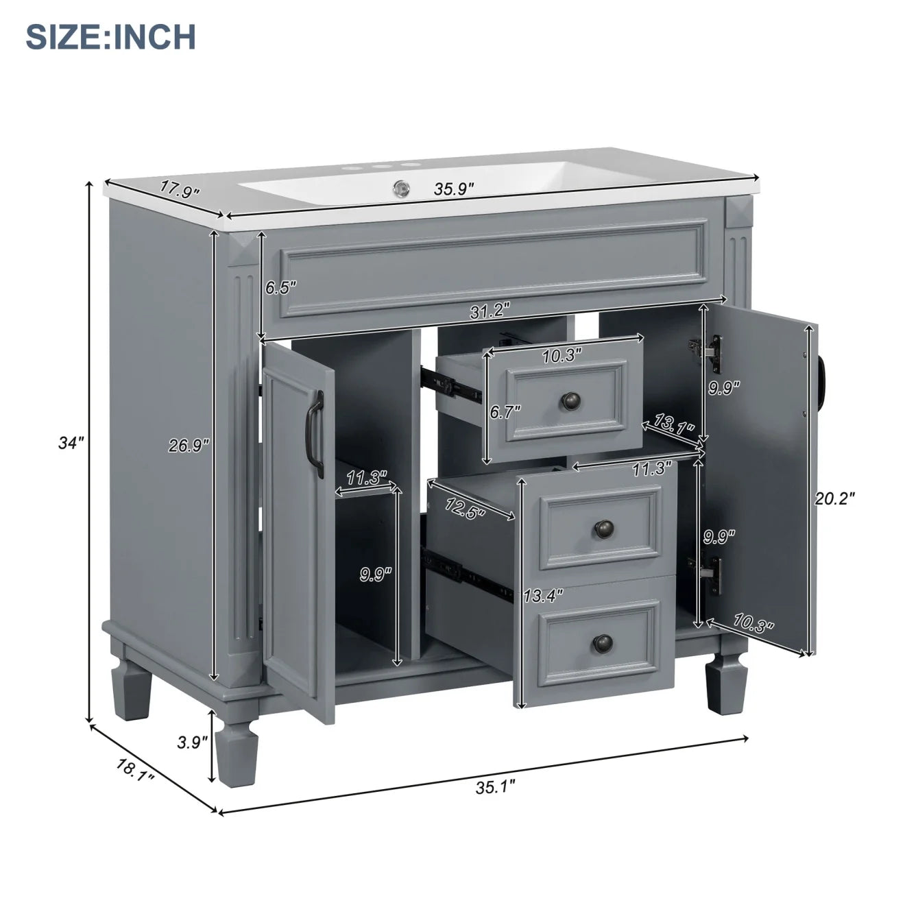Modern Bathroom Cabinet Set with Top Sink, Bathroom Vanity with Wall Mounted Bathroom Storage Cabinet, 2 Soft Closing Doors, 2 Drawers, Water-Resistant Paint, Grey