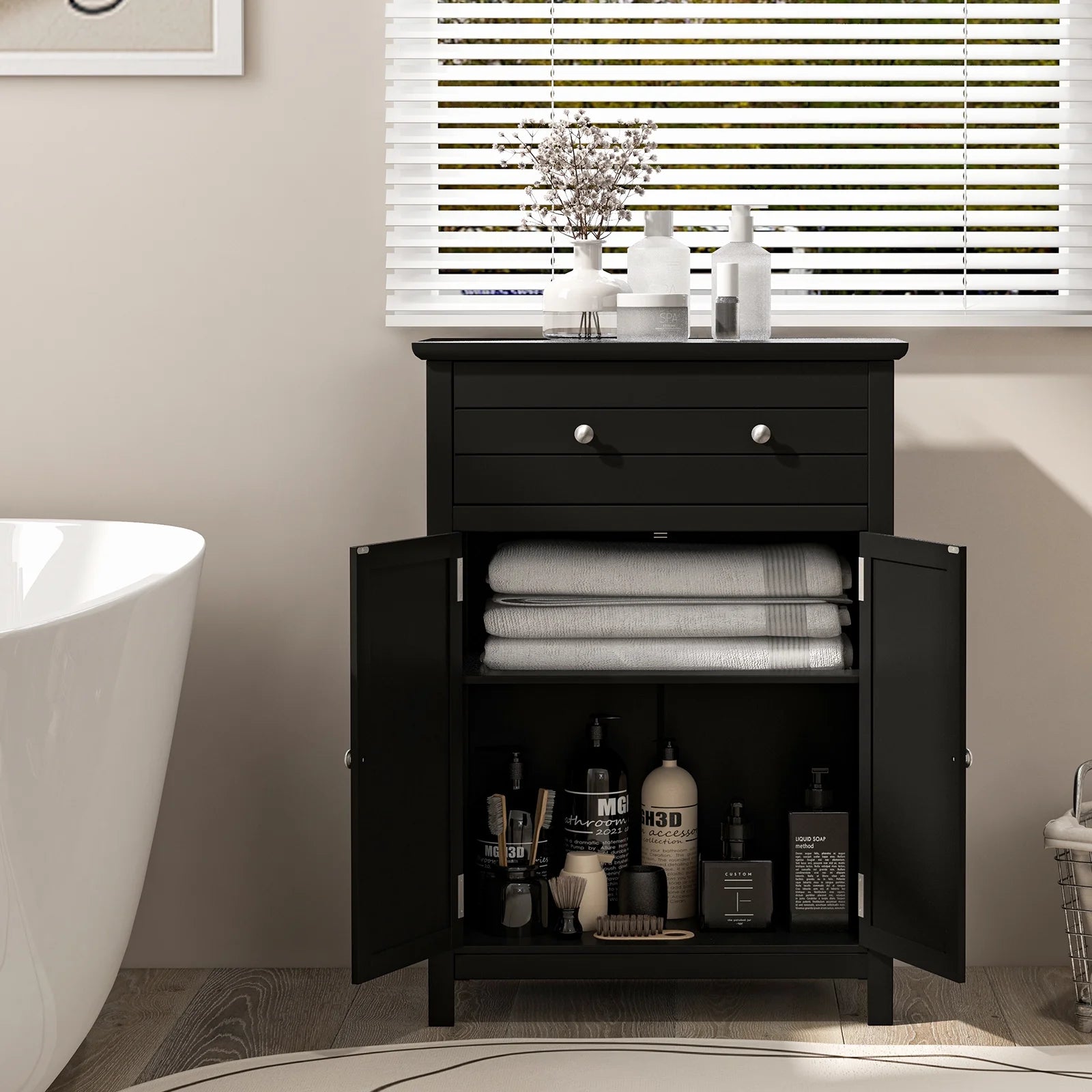 Topbuy Freestanding Bathroom Storage Cabinet Floor Cabinet with Drawer Doors and Adjustable Shelf for Storage Black