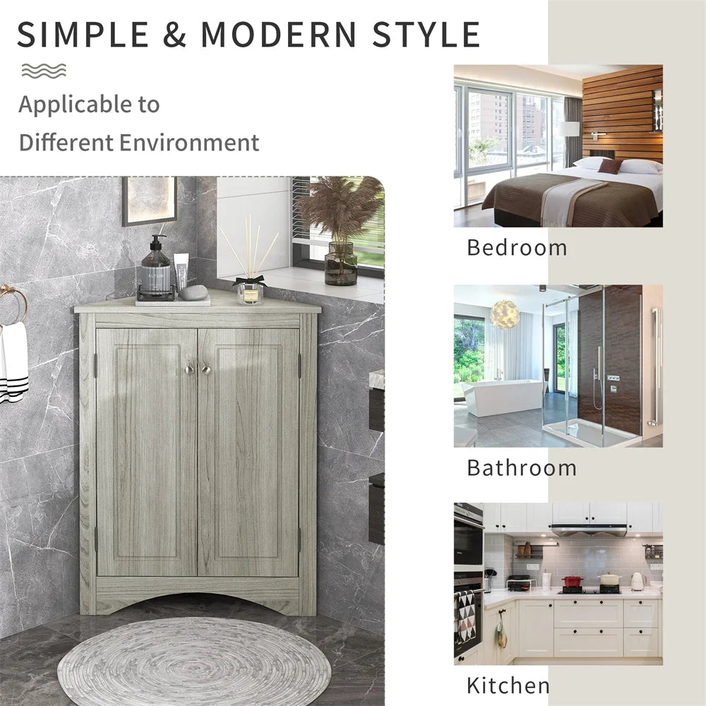 Home Floor Corner Cabinet with Adjustable Shelves and Two Doors, Triangle Bathroom Storage Cabinet, Modern Style Freestanding Floor Cabinet for Kitchen, Living Room and Hall, Oak
