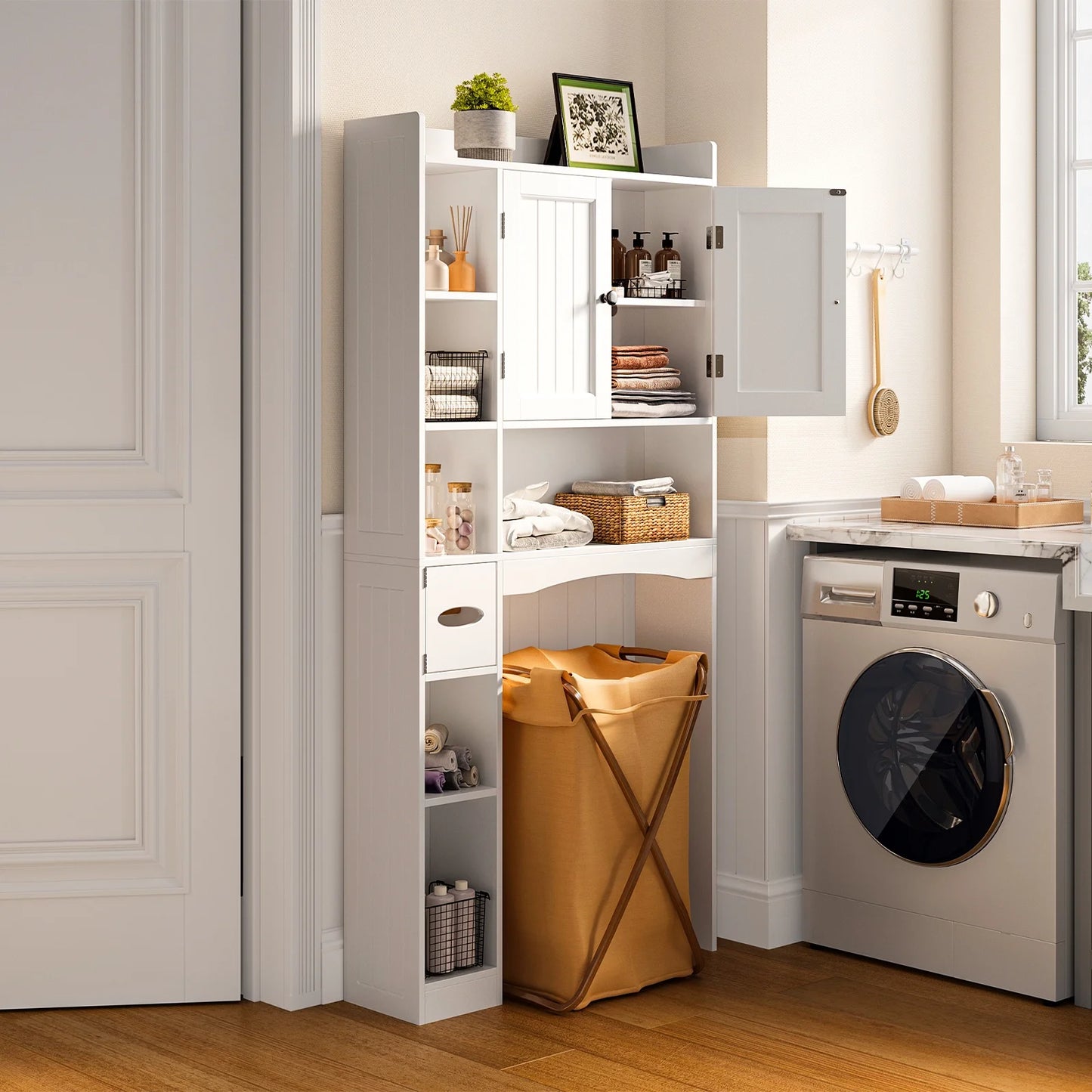 Over the Toilet Storage Cabinet , Bathroom Cabinet with 6 Open Shelves & Waterproof Tissue Holder - Upgraded White