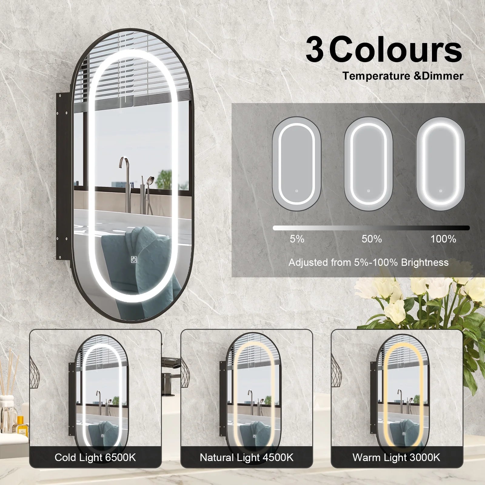 Hironpal Recessed or Wall Mounted 3 Color LED Oval Medicine Cabinet with 17x32 Inch Mirror for Bathroom,Black