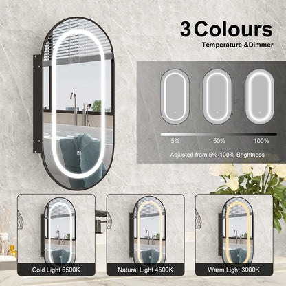 Hironpal Recessed or Wall Mounted 3 Color LED Oval Medicine Cabinet with 17x32 Inch Mirror for Bathroom,Black