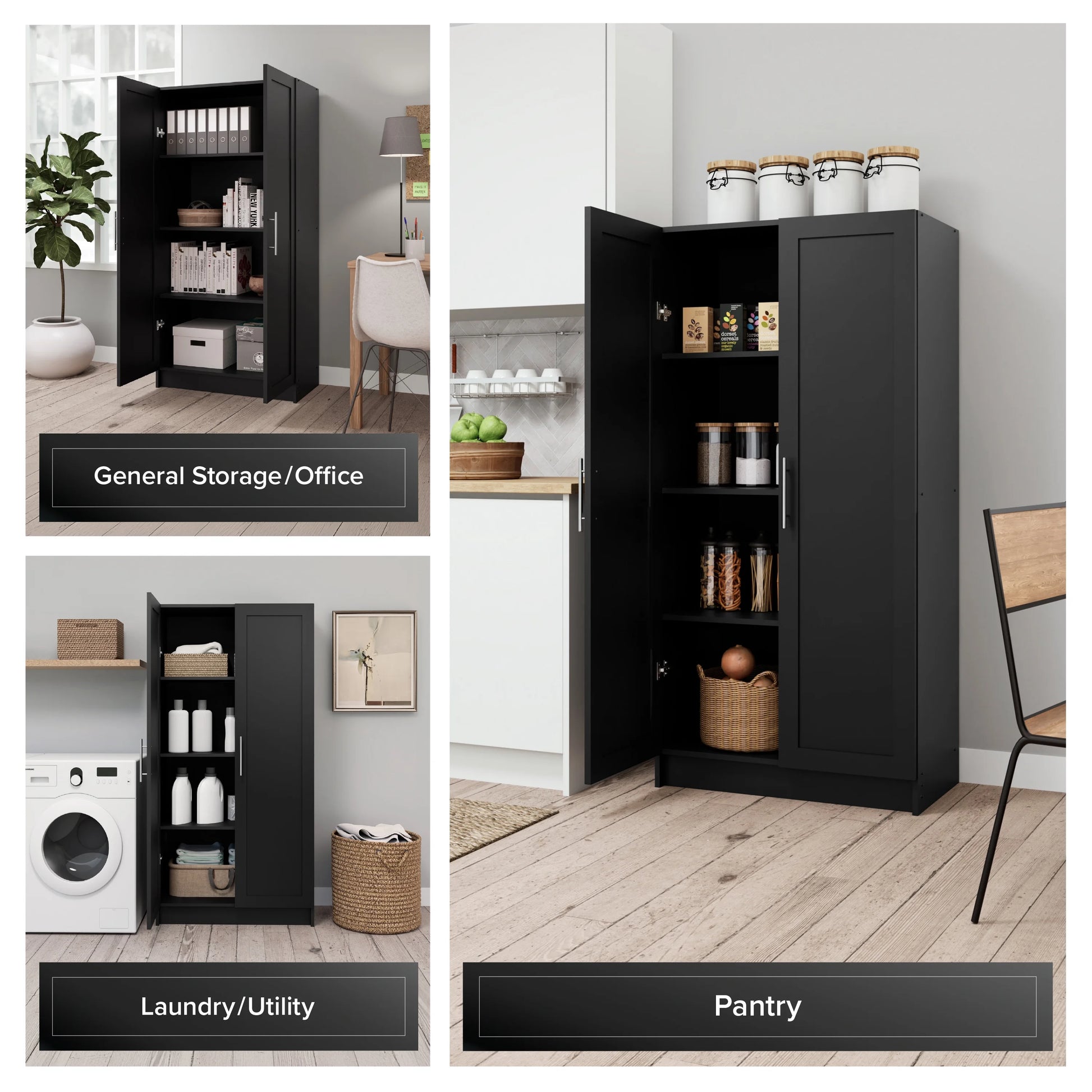 Prepac Elite Accent Cabinet with Panel Doors, Black Storage Cabinet, Bathroom Cabinet, Pantry Cabinet with 3 Shelves 16.75" D x 32" W x 65" H, BSCR-1001-1