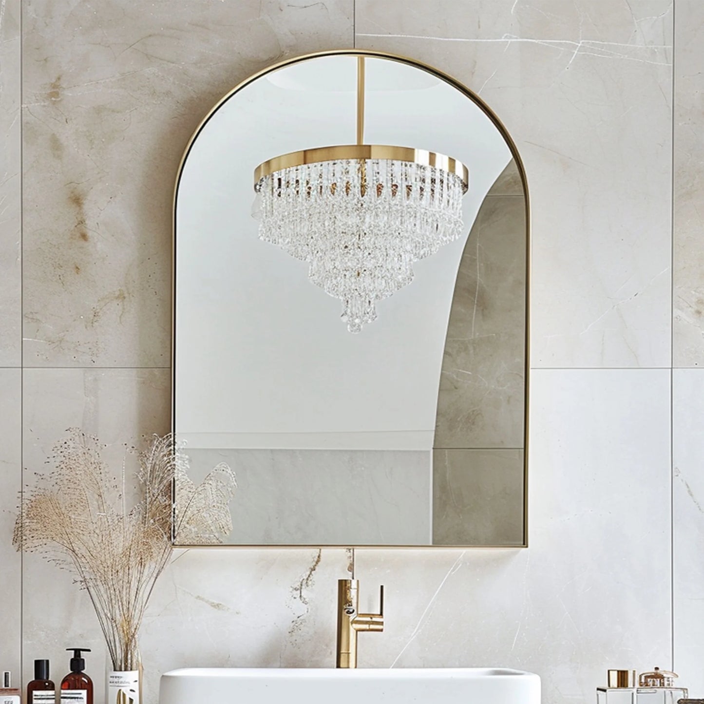 Soges 36" x 24" Arched Bathroom Mirror Cabinet Medicine Cabinet with 2 Adjustable Shelves, Recess or Surface Mounted Installation,,Gold