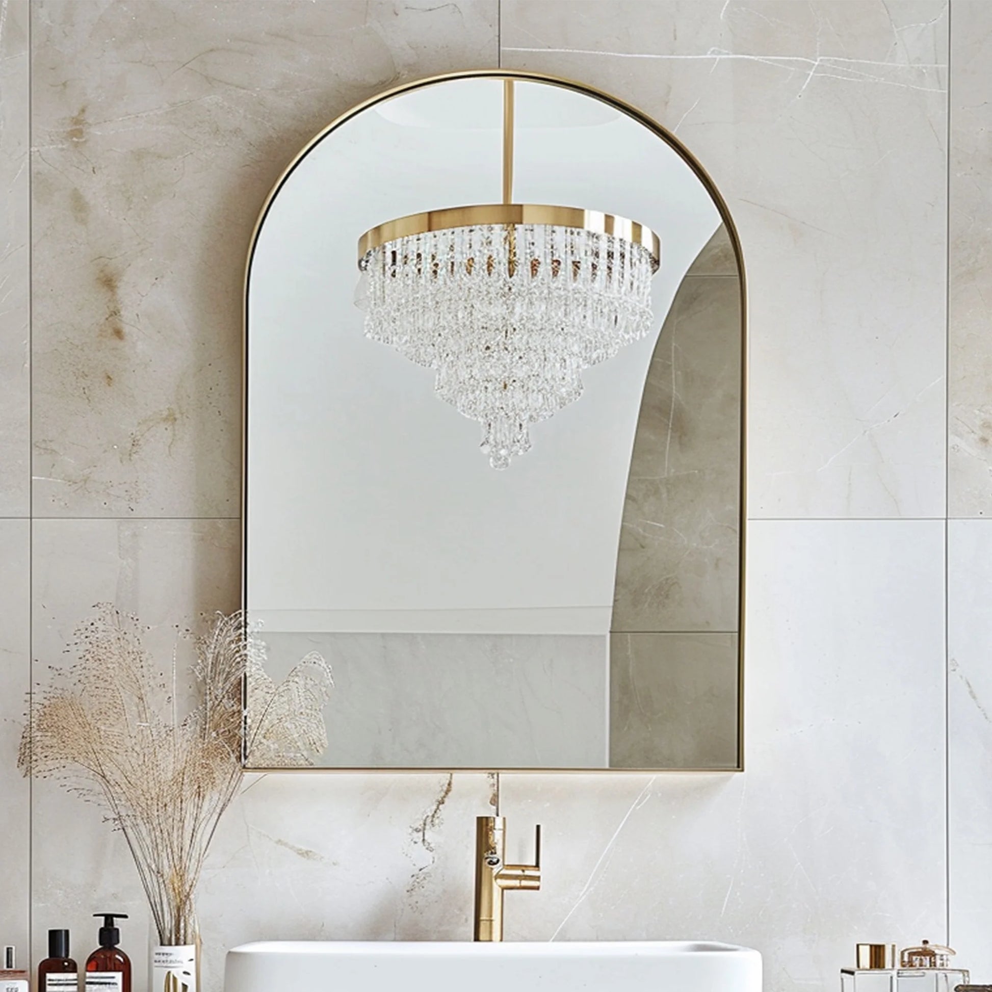Soges 36" x 24" Arched Bathroom Mirror Cabinet Medicine Cabinet with 2 Adjustable Shelves, Recess or Surface Mounted Installation,,Gold