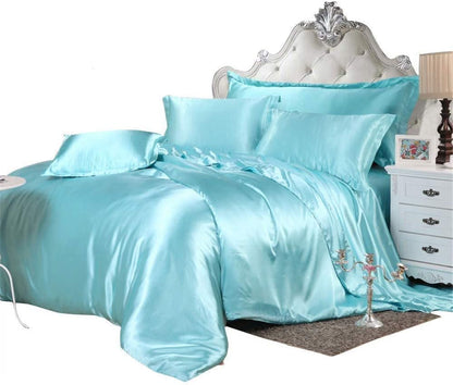 Vuvet Bedding 100% Pure Silk Satin Sheet Set 7pcs, Silk Fitted Sheet 15'' Deep Pocket,Silk Flat Sheet,Silk Duvet Cover & Pillowcases Set !!! Twin, Aqua Blue