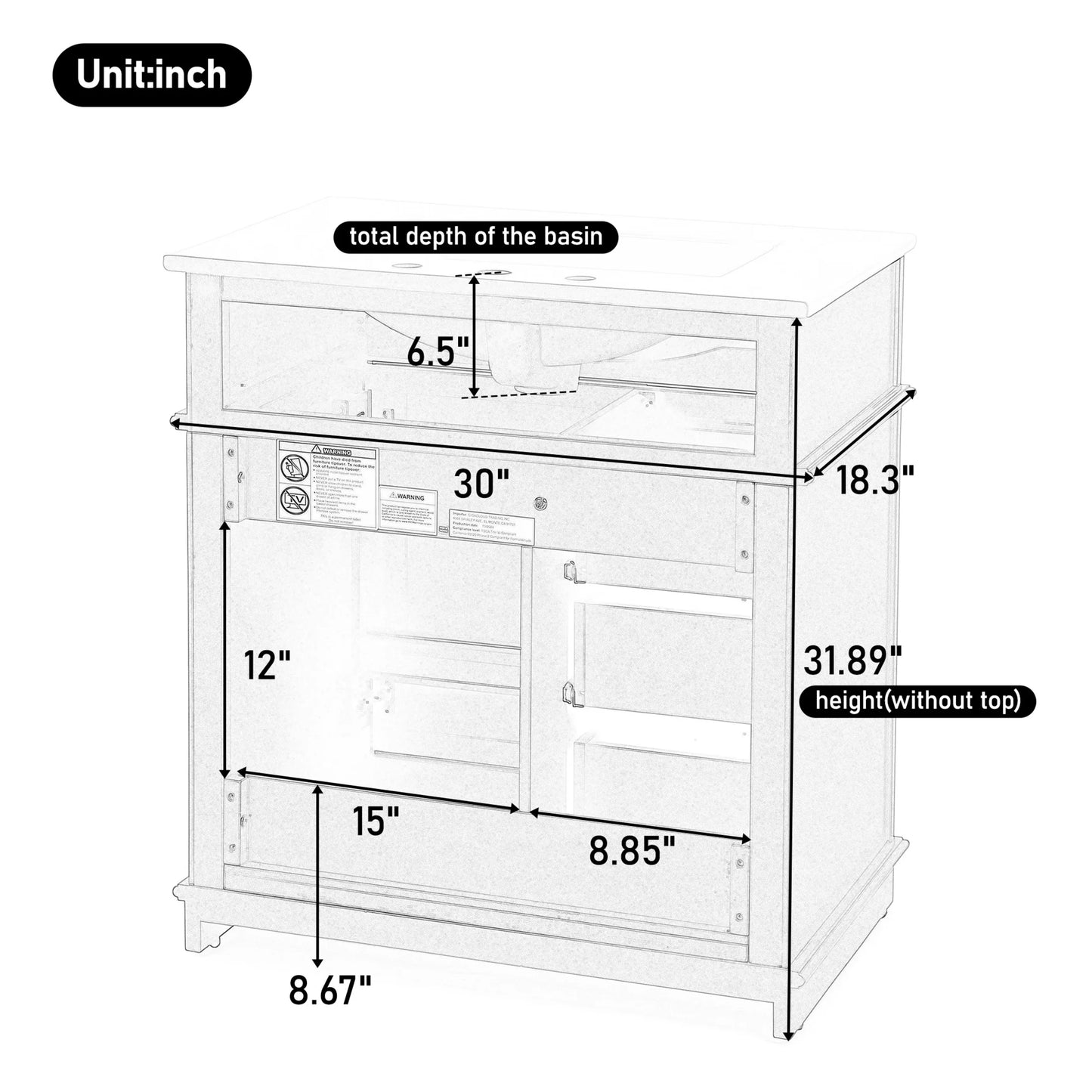 GDF Studio 30" Modern Bathroom Vanity with Sink Combo Set, 3 Drawers and A Tip-out Drawer, Door Shelf, White