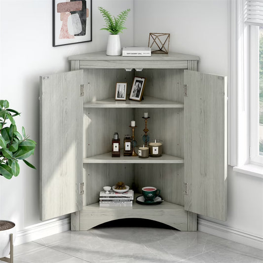 Home Floor Corner Cabinet with Adjustable Shelves and Two Doors, Triangle Bathroom Storage Cabinet, Modern Style Freestanding Floor Cabinet for Kitchen, Living Room and Hall, Oak