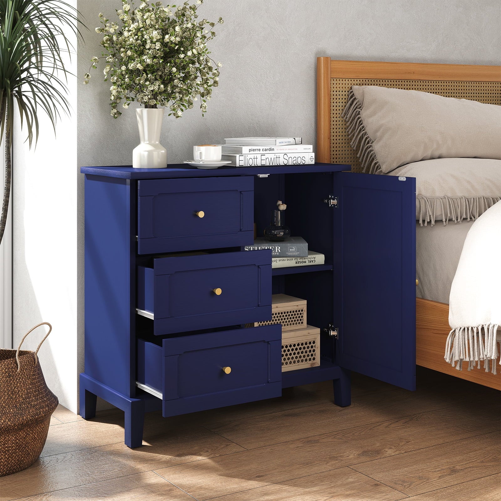 CBJCBJ 31.7"Storage Cabinet, Classical 3 Drawers & 1 Door Design with Gold-Tone Handles, Multi-Use Organizer for Living Room, Kitchen, BathroomBLUE)