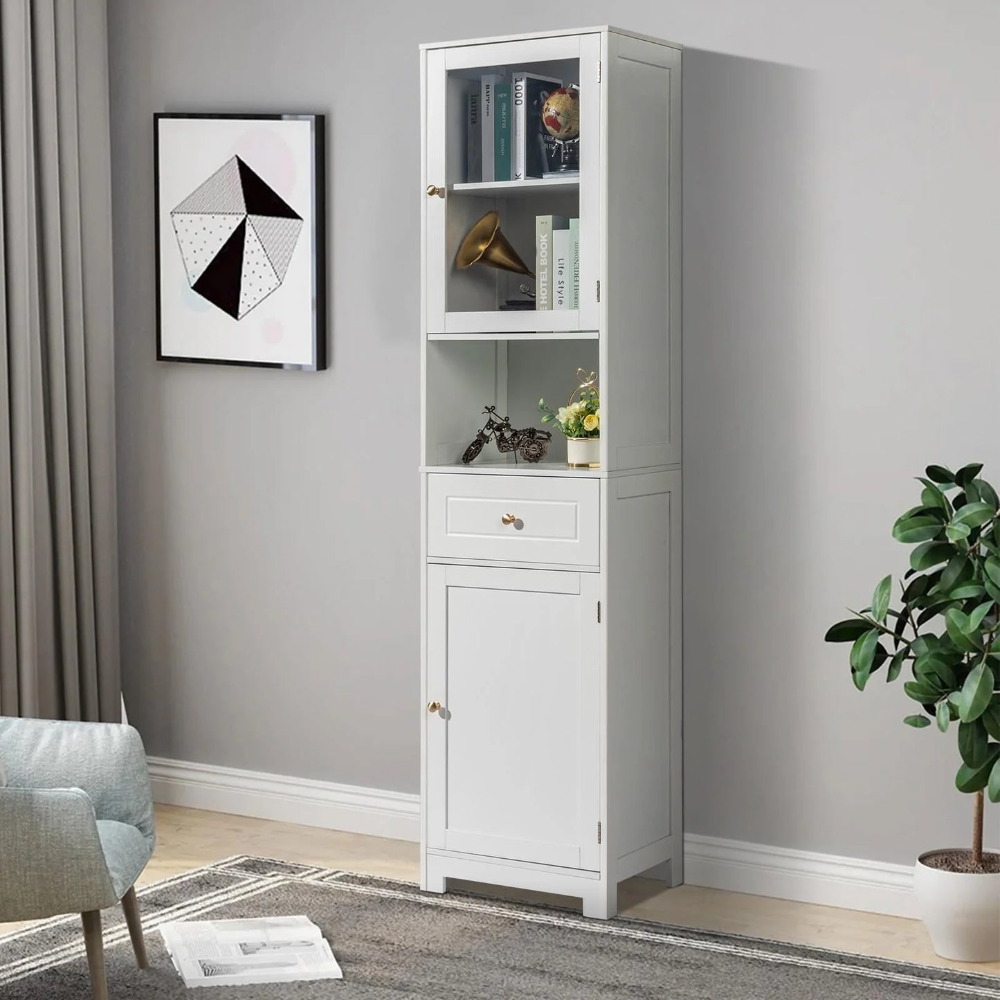 Ktaxon Large Bathroom Tall Storage Cabinet Organizer, Freestanding Line Tower Pantry Cabinet with Adjustable Shelves and 2 Cupboards for Kitchen Living Room Bedroom Office, 18"x13"x71", White