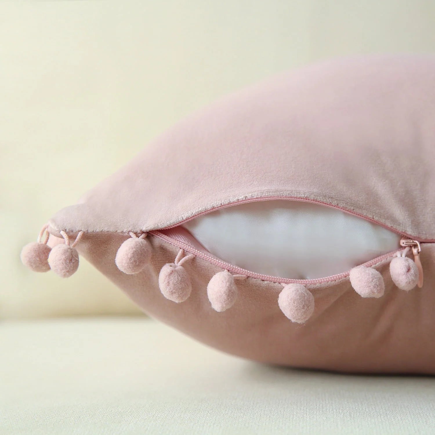 Phantoscope Pom Pom Velvet Series Decorative Throw Pillow, 18" x 18", Light Pink, 2 Pack