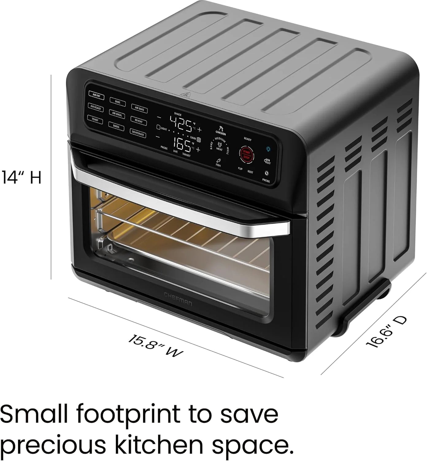 Chefman 12-in-1 Air Fryer Oven Combo w/Probe Thermometer, 20 Qt Capacity - Black Stainless Steel, New