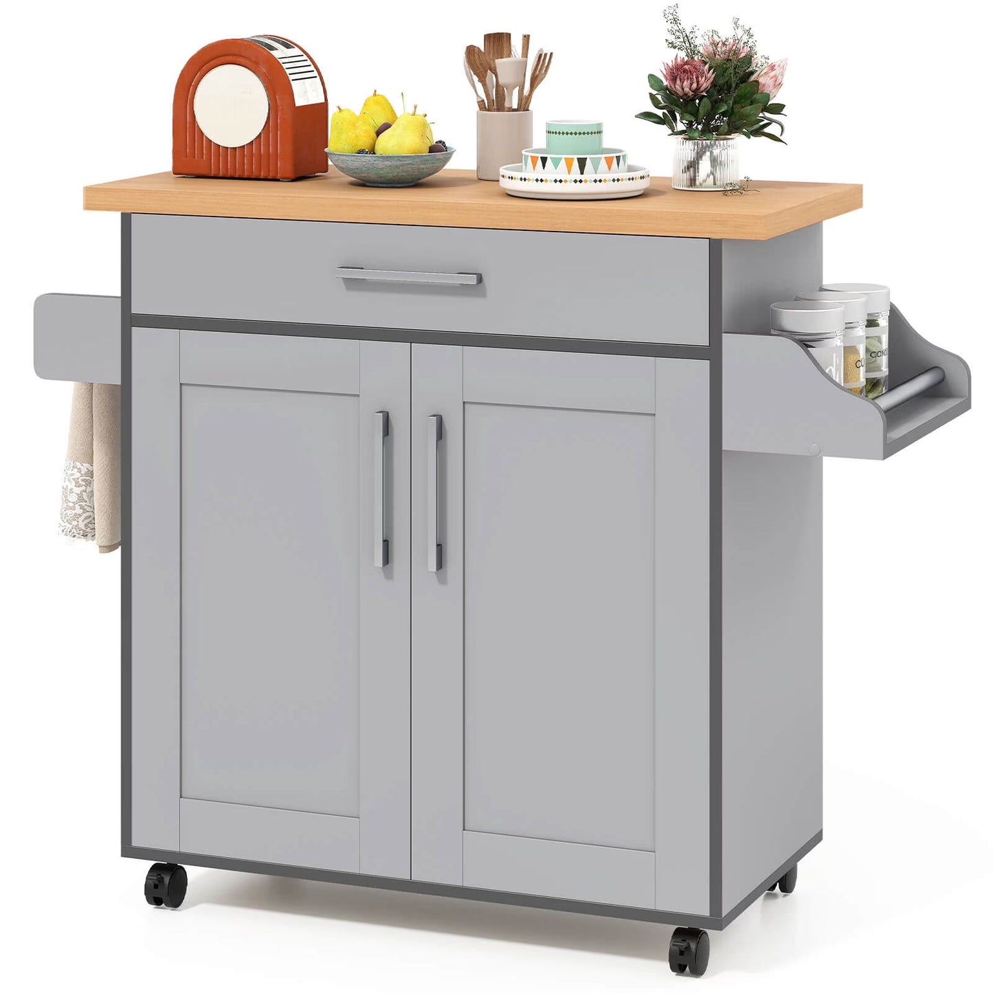 Costway Rolling Kitchen Island Cart Storage Cabinet w/Towel & Spice Rack Cherry