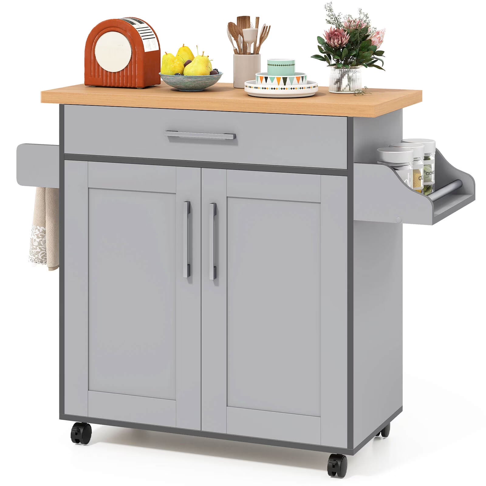 Costway Rolling Kitchen Island Cart Storage Cabinet w/Towel & Spice Rack Cherry