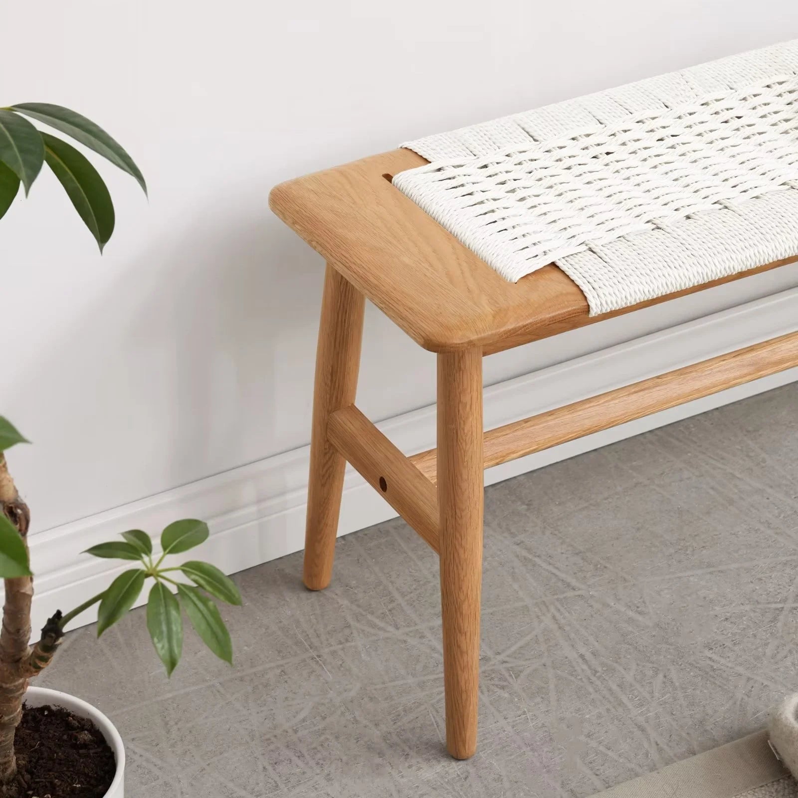 Woven Design Dining Bench, Solid Wood Bed End Bench with 4 Solid Legs and Woven Cover, Long Kitchen Dining Bench for Living Room Dining Room Bathroom, Easy Assembly, White