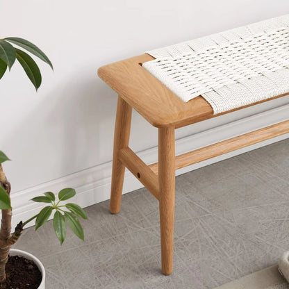 Woven Design Dining Bench, Solid Wood Bed End Bench with 4 Solid Legs and Woven Cover, Long Kitchen Dining Bench for Living Room Dining Room Bathroom, Easy Assembly, White