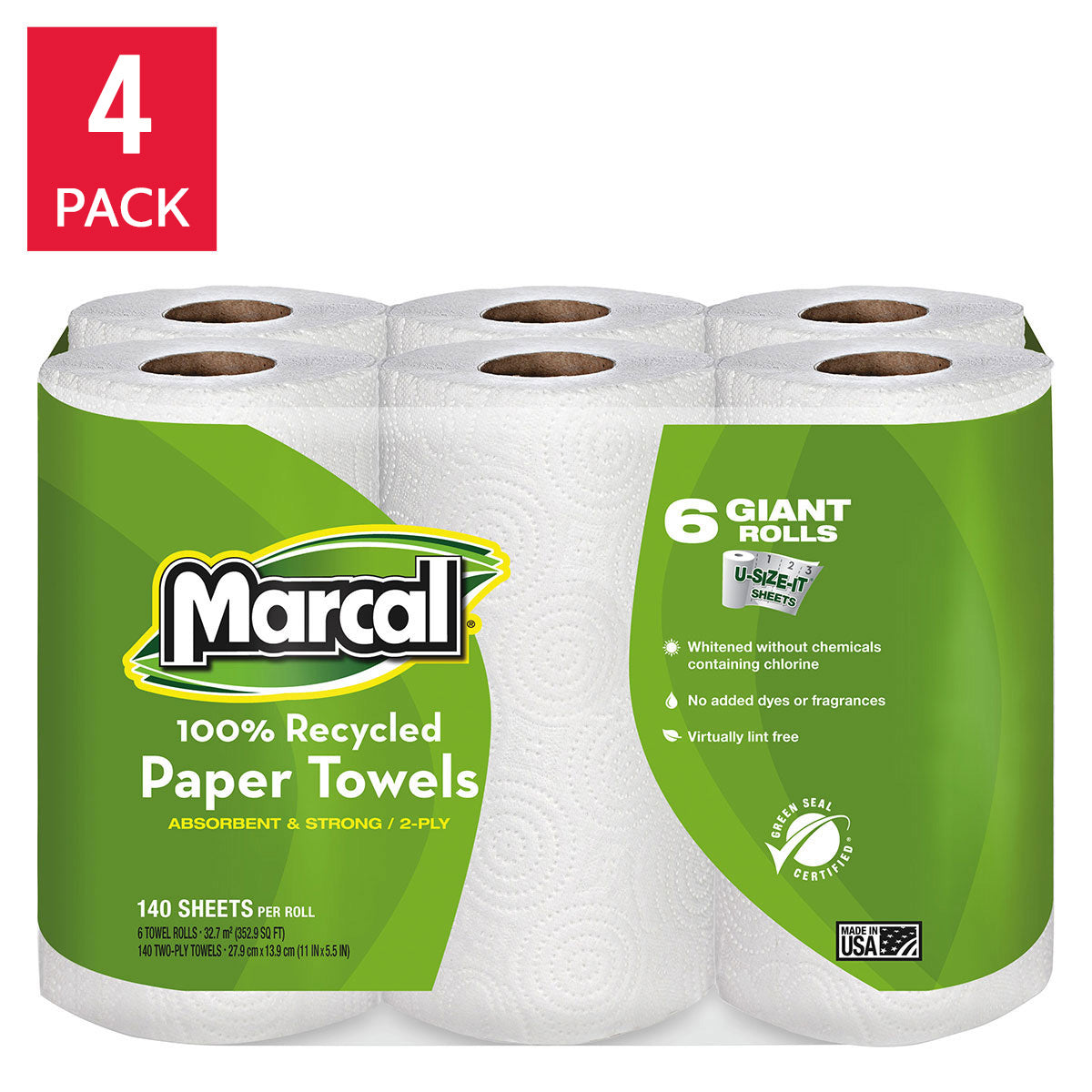 Marcal 100% Recycled Paper Towels, 2-Ply, 140 Sheets, 24 Rolls
