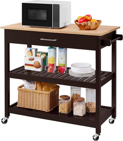 Hyxoo Kitchen Island Cart on Wheels with Bamboo Tabletop, 3-Tier Rolling Kitchen Island Microwave Cart with Drawer, Detachable Towel, 3 Hooks40"W x 20"D x 36.5"HEspresso