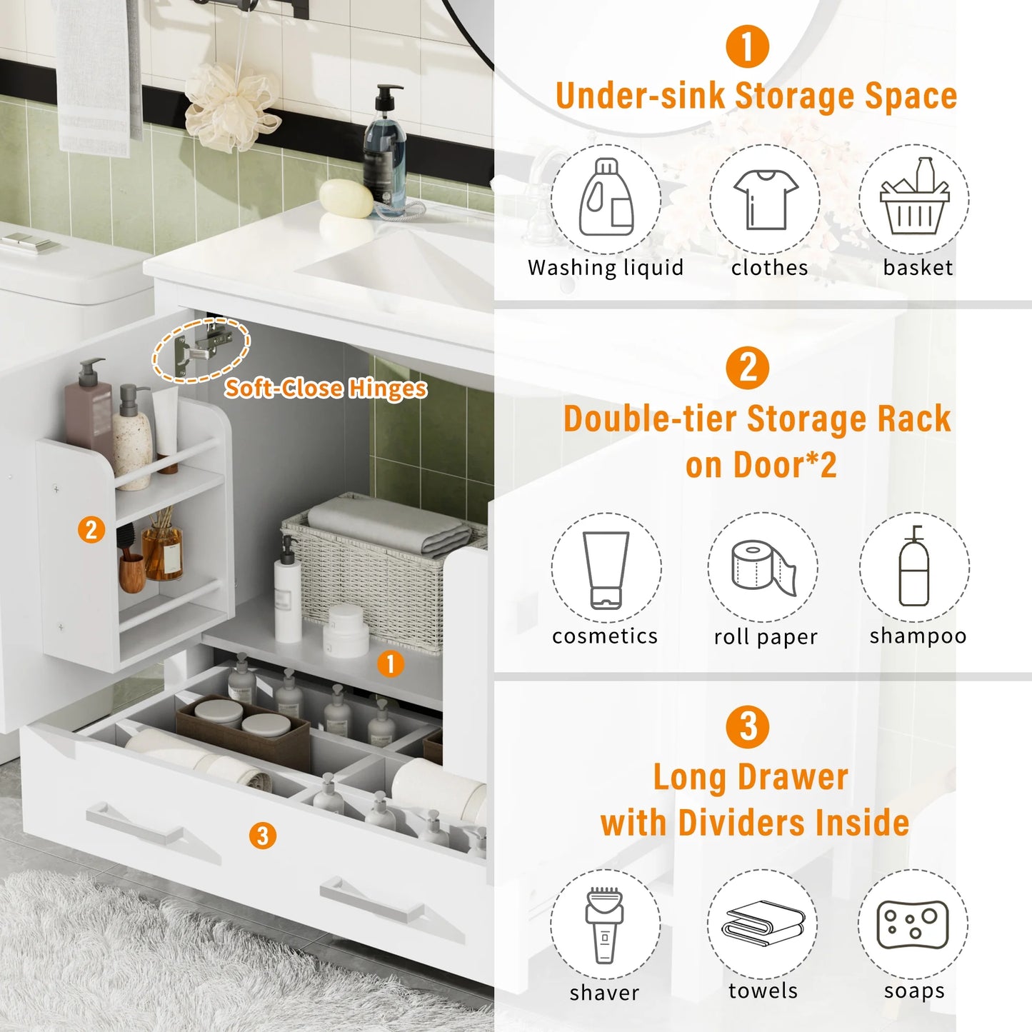 Harper & Bright Designs 72" White Bathroom Vanity Sink Combo with Soft-Close Doors, Bathroom Floor Cabinet with Storage