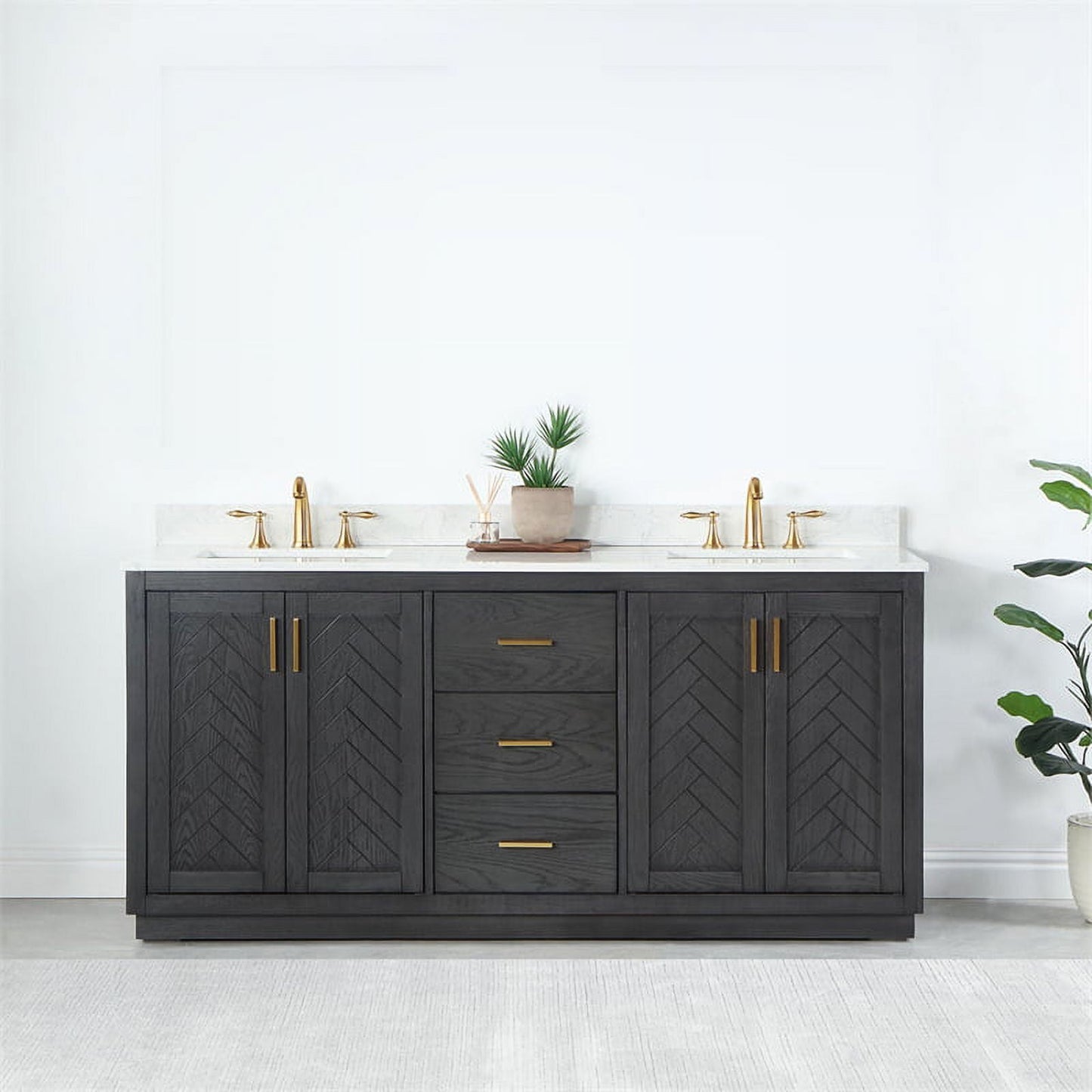 Gazsi 72" Double Bathroom Vanity Set in Black Oak with Grain White Composite Stone Countertop Without Mirror