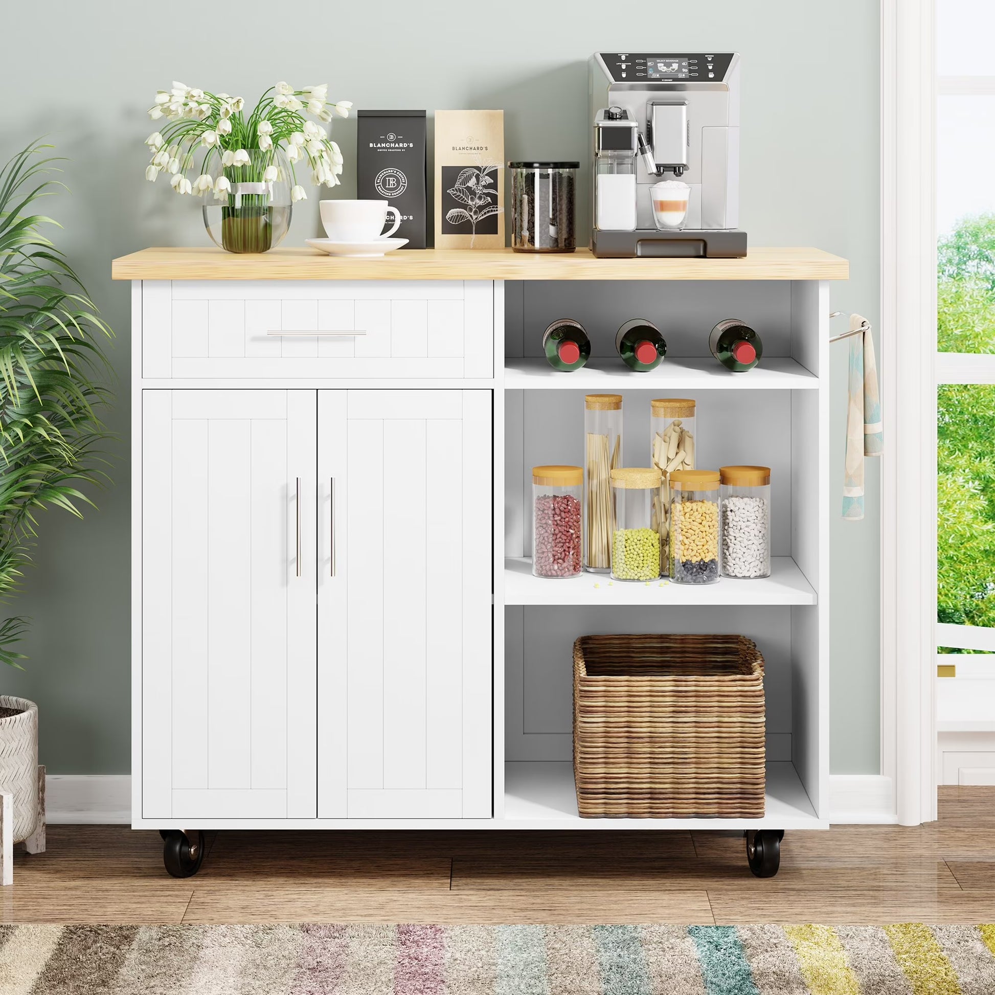Futzca Kitchen Island Cart on Wheels with Large Worktop,Storage Cabinet,Towel Rack and Drawers - N/A Black