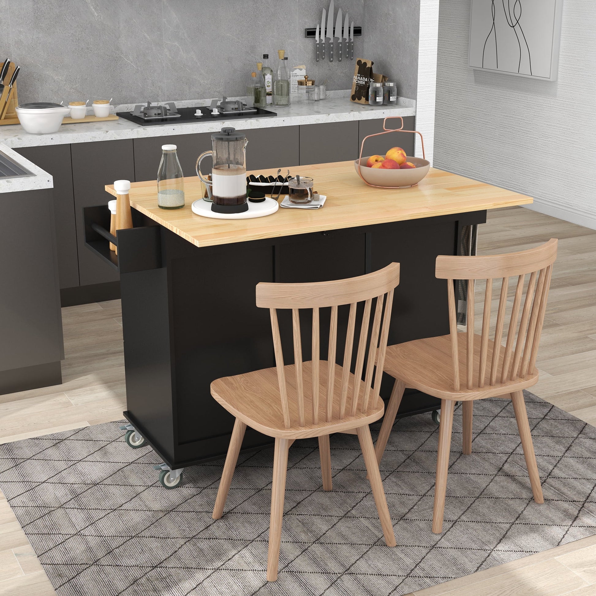 52.7" Width Rolling Mobile Kitchen Island with Solid Wood Top and Locking Wheels, Moveable Kitchen Island Cart with Storage Cabinet, Drop Leaf Breakfast Bar, Spice Rack, Towel Rack, Drawer