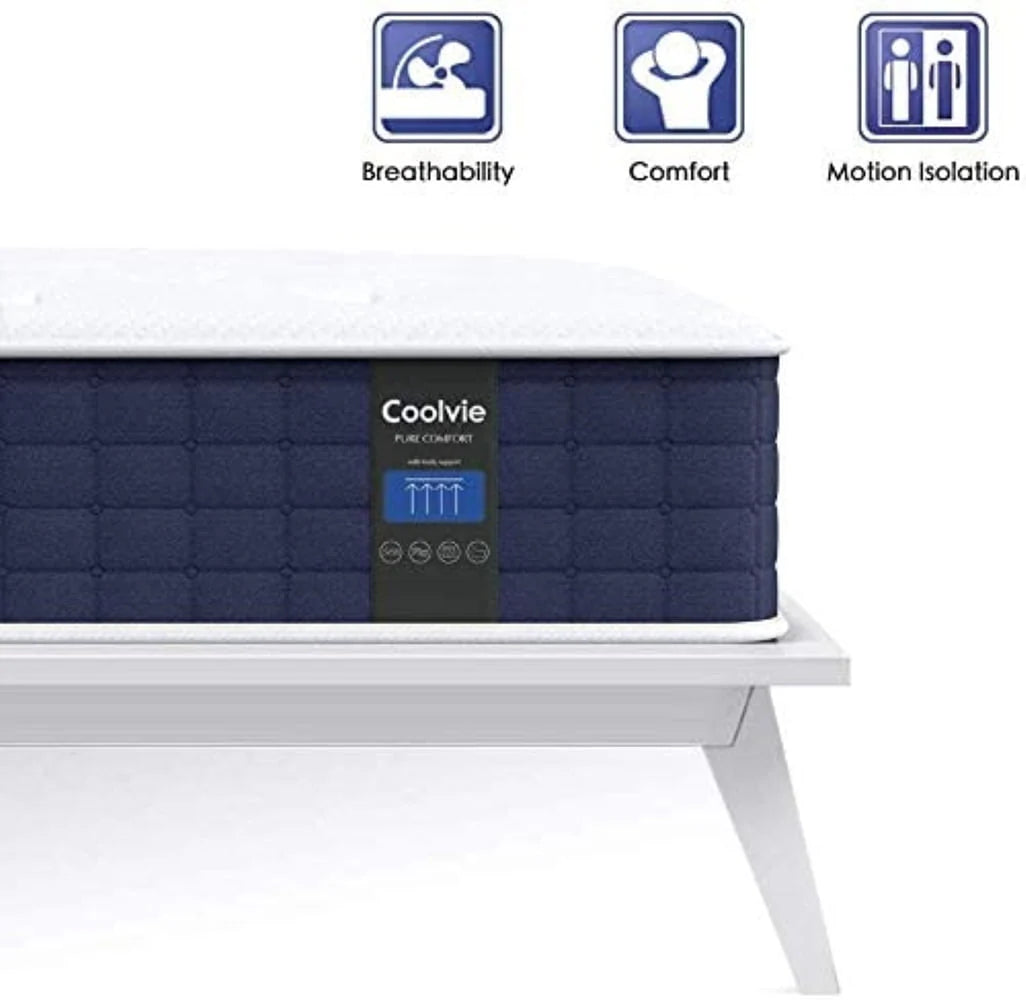 Queen Size Mattress, Coolvie 10 inch Hybrid Mattress in a Box, with Memory Foam and Pocket Springs, Medium Firm, for Adults and Kids