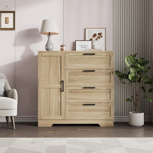 43.3'' Small Wardrobe Closet, Wardrobe Cabinet with Door, 4 Drawers and Handing Rod, Wooden Clothes Cabinet 4 Drawer Dresser for Bedroom, Laundry Room, Cloak Room, Natural Oak