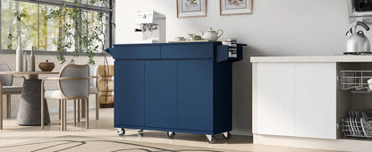 53.2'' Kitchen Island with Drop Leaf, Kitchen Storage Cart with Spice Rack, Towel Rack and 2 Drawers, Rolling Kitchen Island on Wheels with Adjustable Shelves, Navy Blue