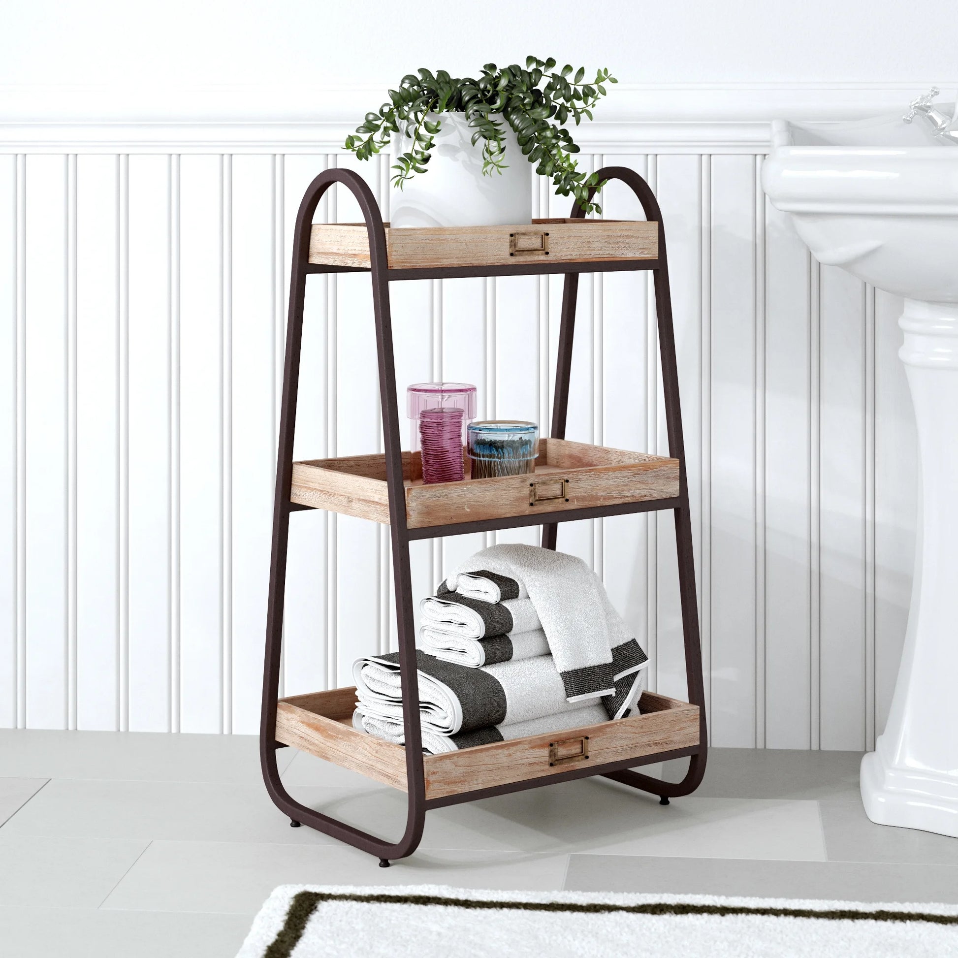Linon Three Tiered Bath Stand, Rustic Brown, 32.5 inches Tall