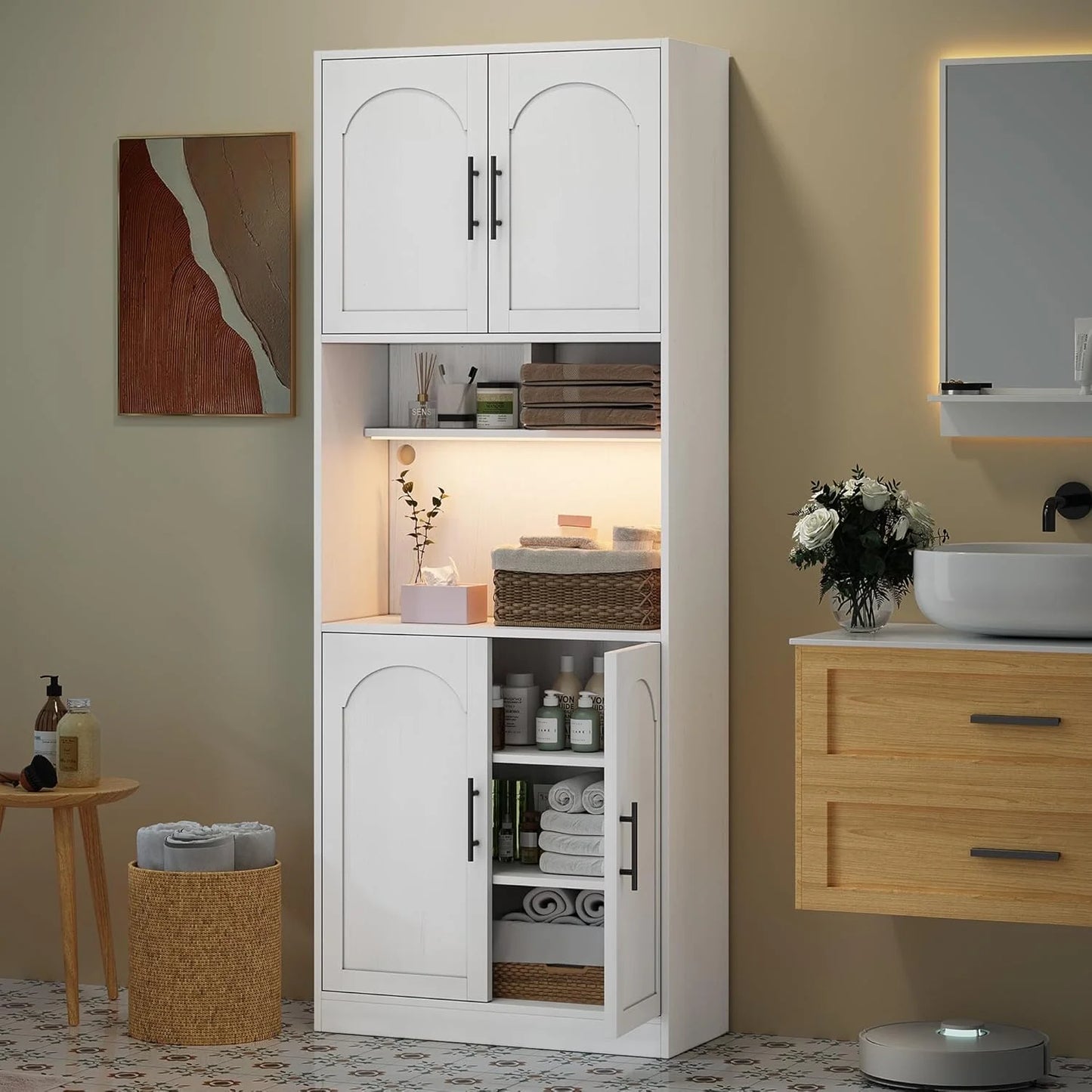 71° Tall Kitchen Pantry Storage Cabinet with Microwave Shelf and LED Light, Storage Cabinet with Door and Shelve, Hutch Cabinet with Storage for Dining Room, Living Room, Bathroom, White