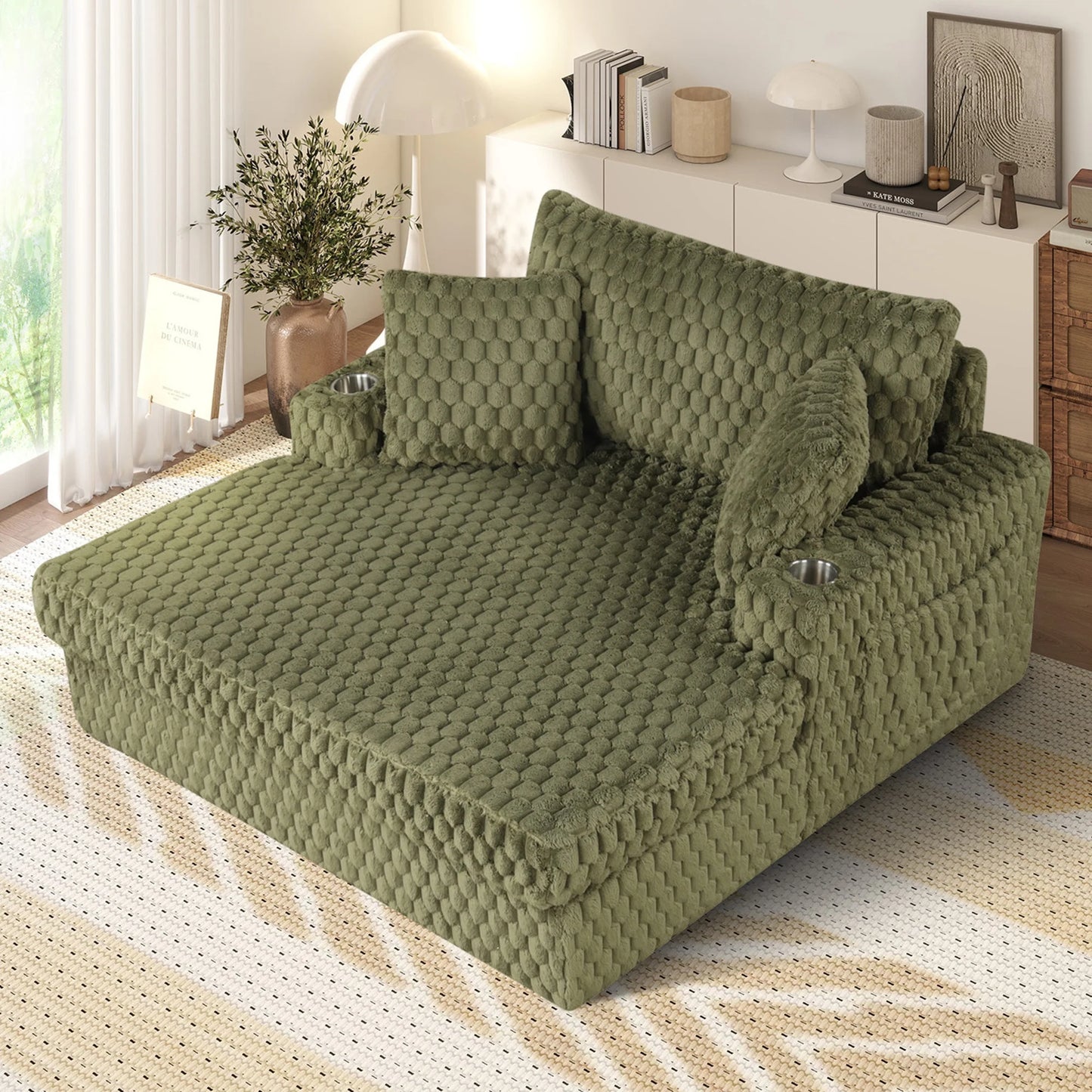 Aukfa Oversized Chaise Lounge Loveseat Couch with 2 Cup Holders& Throw Pillows, Fluffy Corduroy, Olive Green