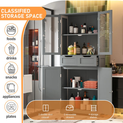 Joywind Gray Freestanding Bathroom Storage Cabinet with Glass Doors - 67" Tall Linen Organizer with 2 Drawers & Adjustable Shelves, for Bathroom, Kitchen, Living Room, Office Storage