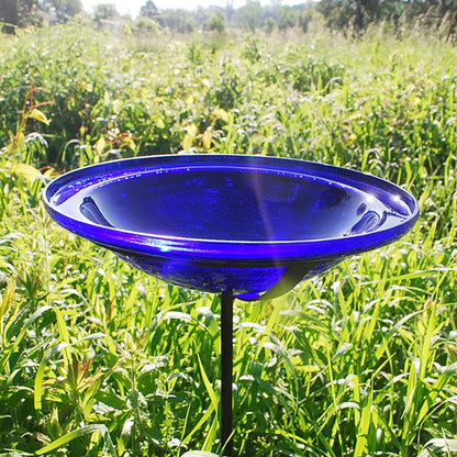 Achla Designs 12 In Hand Blown Crackle Glass Birdbath w/Stake, Cobalt Blue