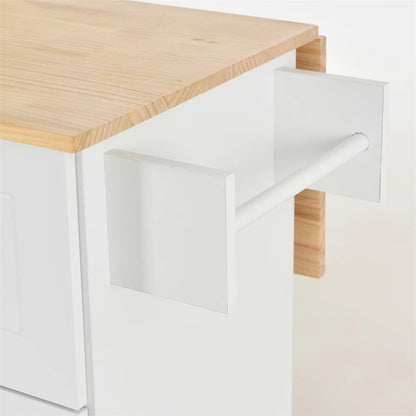 Kitchen Island Cart with Drop-Leaf Tabletop and Locking Wheels, 52.7" Large Kitchen Trolley Cart with 2 Door Cabinet and 3 Storage Drawers, Spice Rack Towel Rack, Rolling Kitchen Island Cart, White