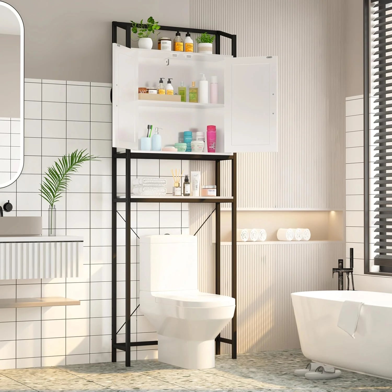 HAUXITIO Over The Toilet Storage Cabinet, Bathroom Space Saving Toilet Shelf with 2 Doors and 3 Adjustable Shelf, White