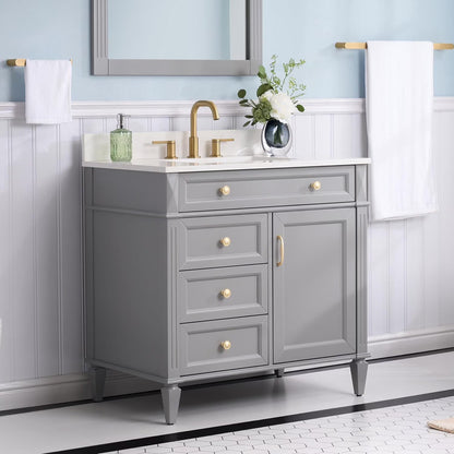 FORCLOVER 36" Bathroom Vanity with Sink Top Combo Set, Freestanding Solid Wood Bathroom Makeup Cabinet W/1 Soft-Close Door and 3 Soft-Close Drawers, Carrara White Quartz Countertop, Grey