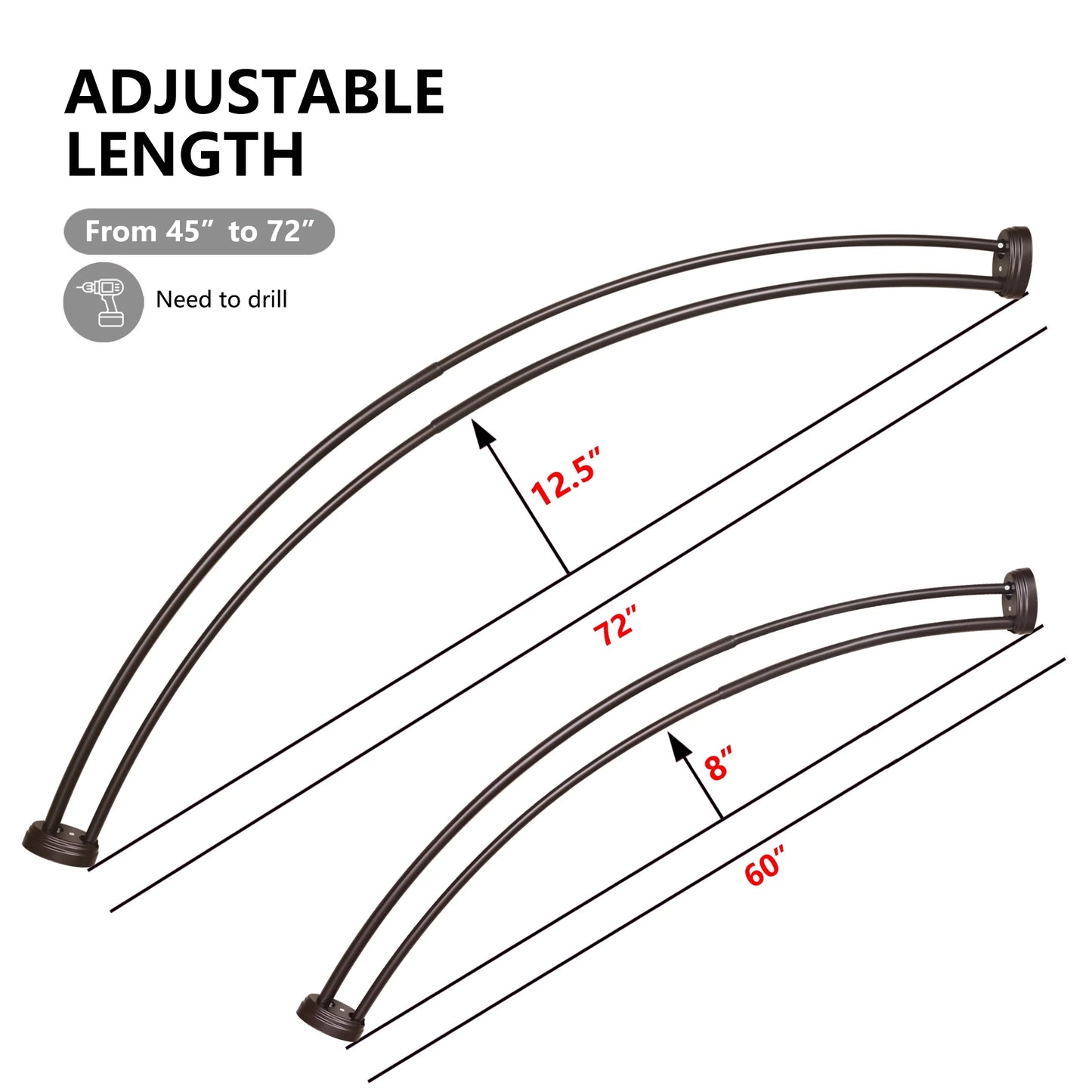 Utopia Alley Rustproof Wall Mounted Aluminum Double Curved Shower Curtain Rod, Screw Mount Rod, Secure Than Tension, Adjustable Shower Rod from 45" to 72", Includes shower liner & hooks (Bronze)