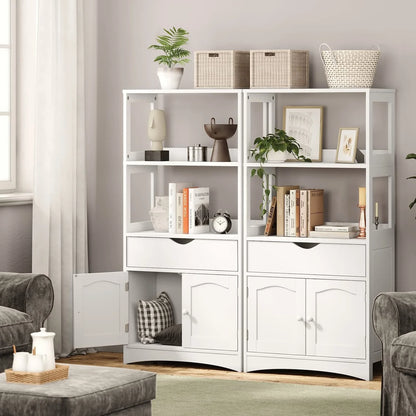 Sideboard Storage Cabinet with Drawer& Shelves, Kitchen Pantry Storage Cabinet with Microwave Space& Cupboard, Modern Freestanding Floor Bathroom Cabinet/Bookshelf for Home Office, White