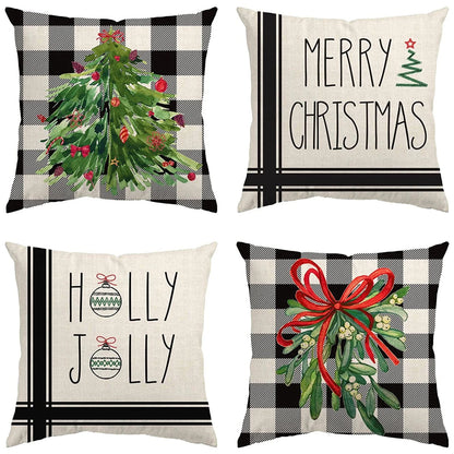 Husfou 4pcs Christmas Pillow Covers, 18x18 inch Linen Buffalo Plaid Merry Christmas Throw Pillowcase for Couch Xmas Winter Holiday Home Decorations
