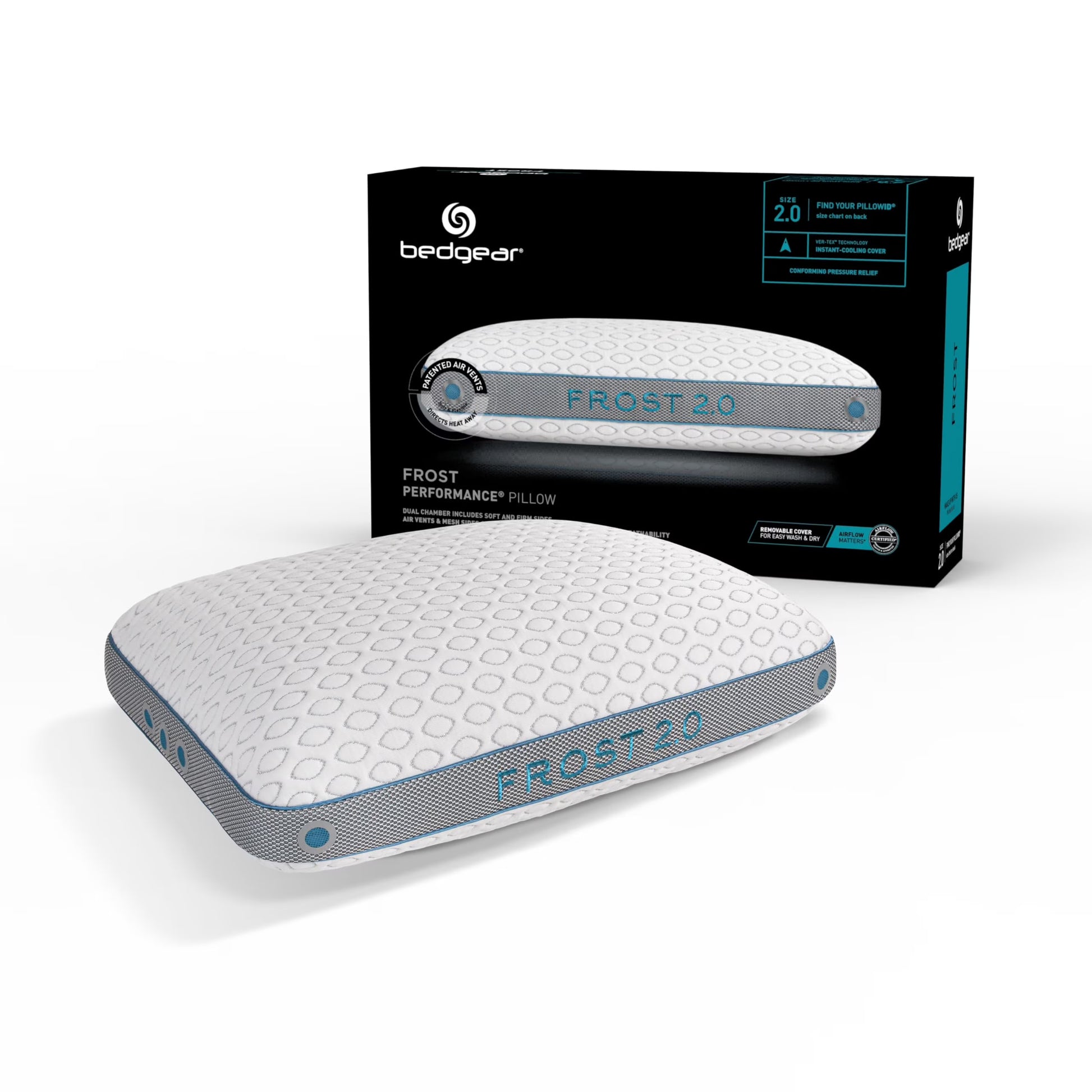 Bedgear Frost Performance Pillow - Size 3.0 - Cooling Bed Pillow for Hot Sleepers - Medium Firmness Pillow for All Sleep Positions, Hypoallergenic, Washable & Removable Cover